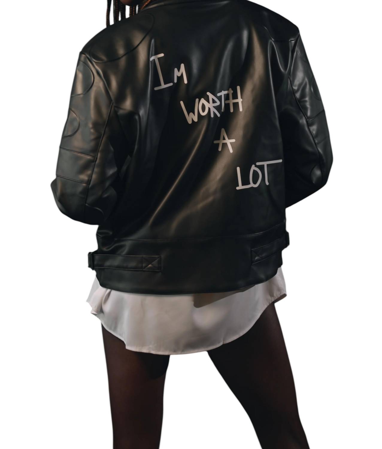knotWTR Unisex I’m Worth A Lot Leather Jacket in black - men's jacket - detail view