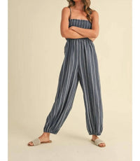 Klesis - Spaghetti Strap Smocked Striped Balloon Jumpsuit
