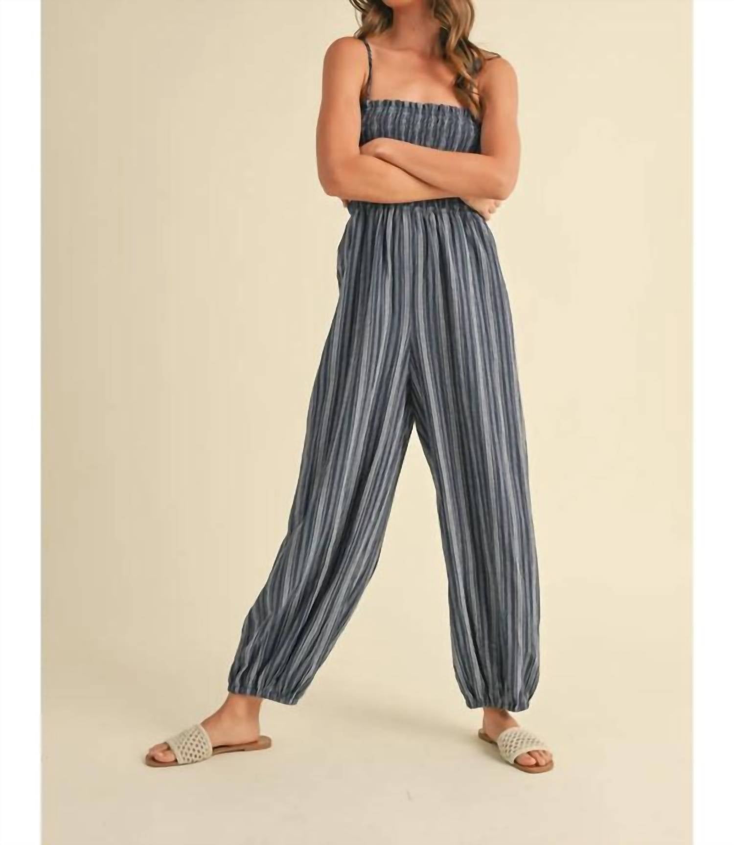 Klesis - Spaghetti Strap Smocked Striped Balloon Jumpsuit