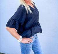 Ee:Some - Coastal Muse Ruffle Short Sleeve Button Down Top
