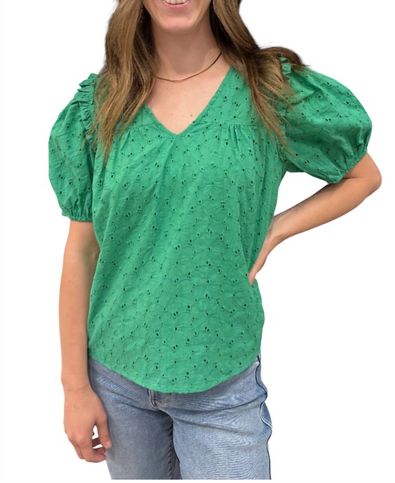 WISHLIST Eyelet Puff Sleeve Top in green - women's blouse