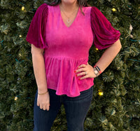 Voy - Deep V Puff Sleeve Peplum Top