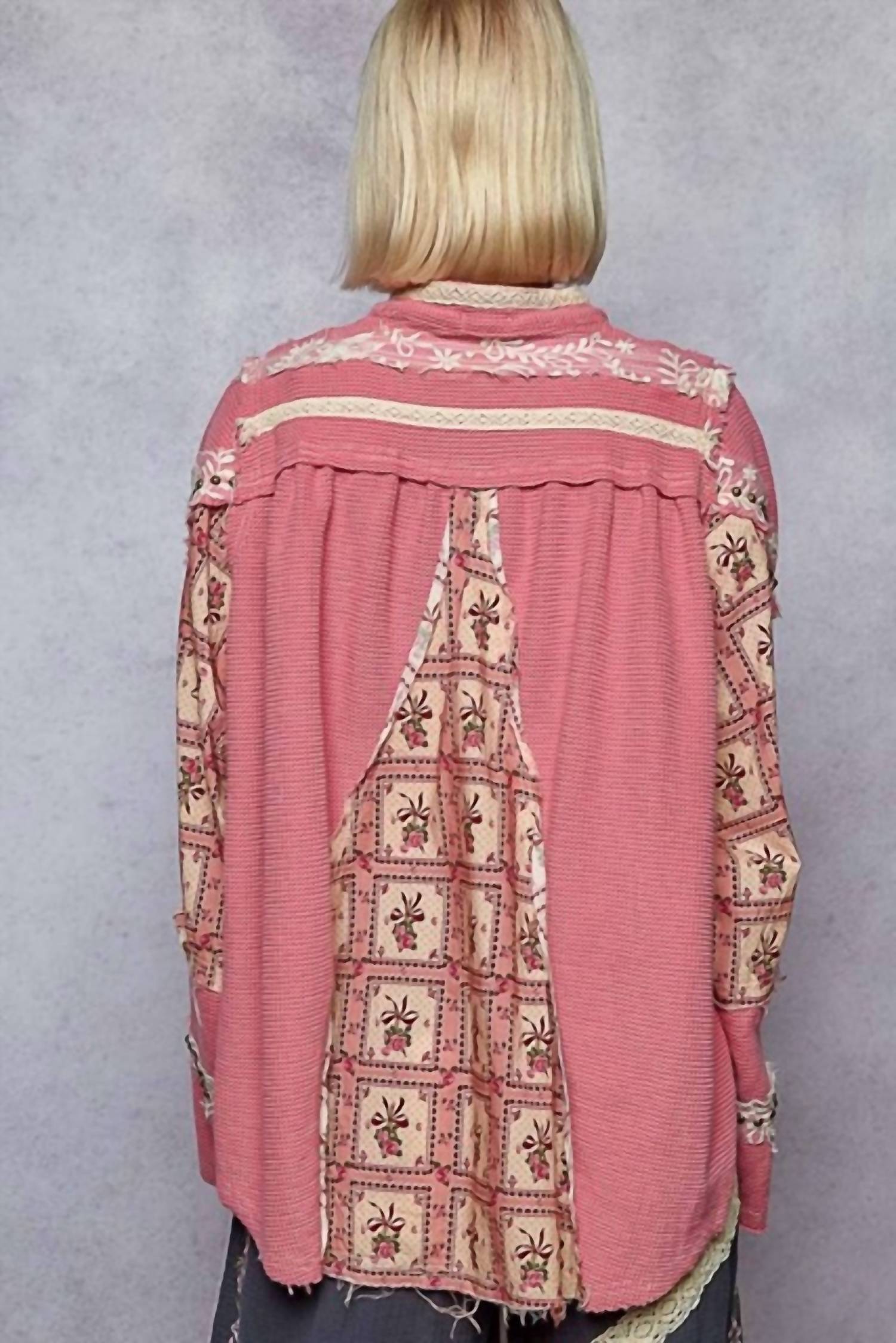 Pol - High Neck Printed Contrast Stud Shirt Top