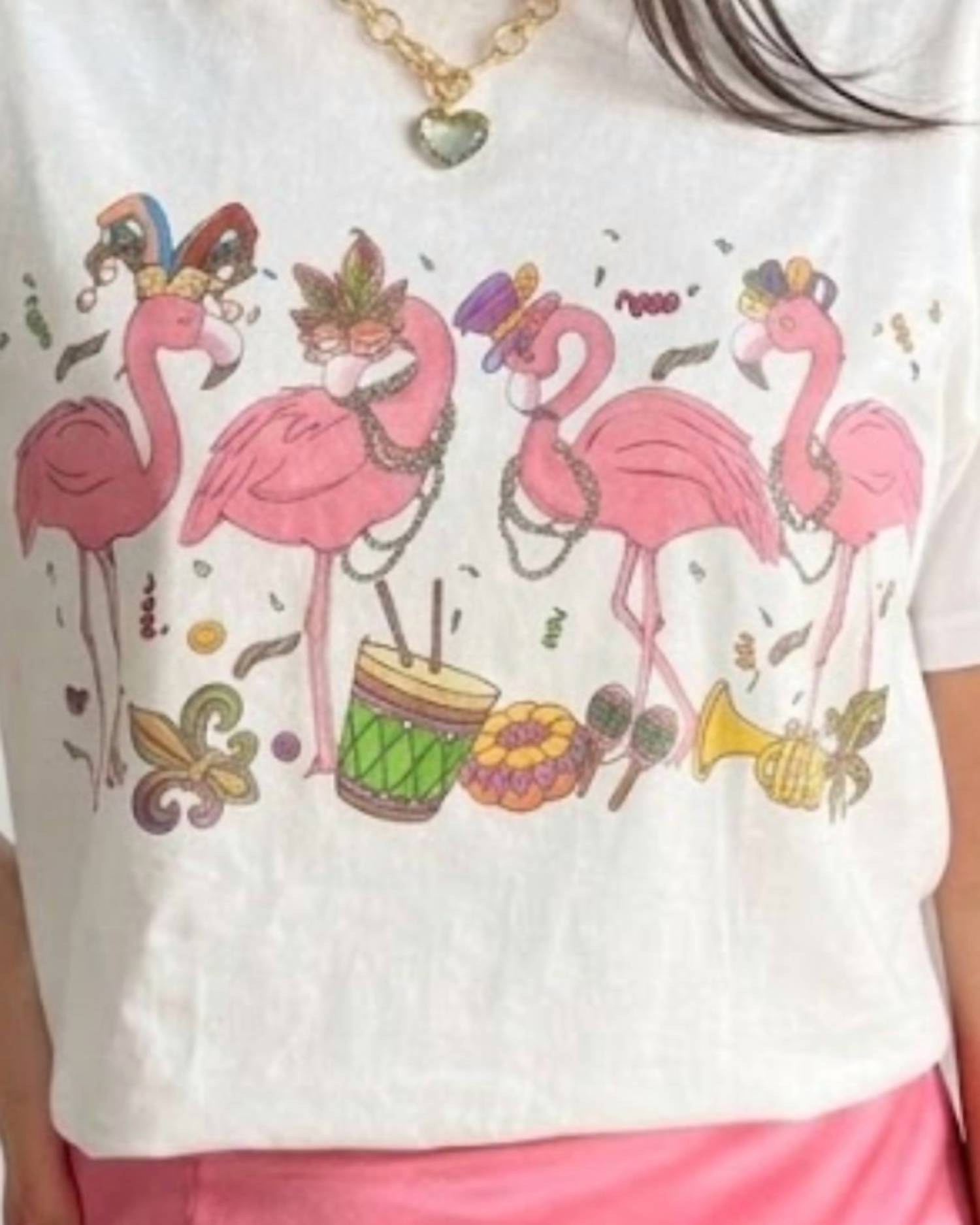 SONDO DESIGN Mardi Gras Flamingo Shirt in white multi - women's t-shirt - detail view