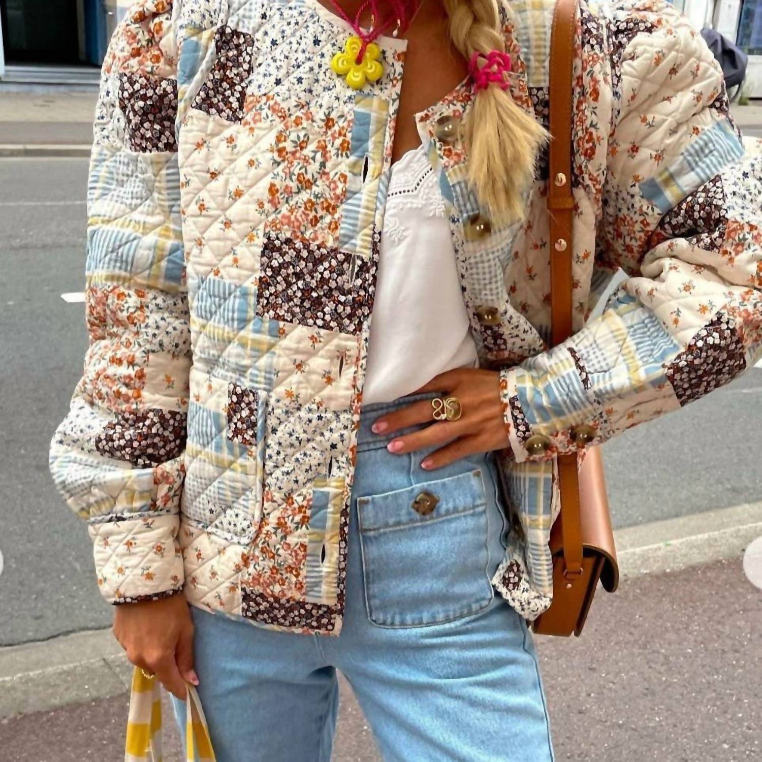 Rosa Clothing Floral Color Blocks Print Quilted Jacket in apricot - women's jacket - alternate view