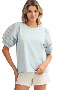 Jodifl - Lace Accent Puff Sleeves Solid Top
