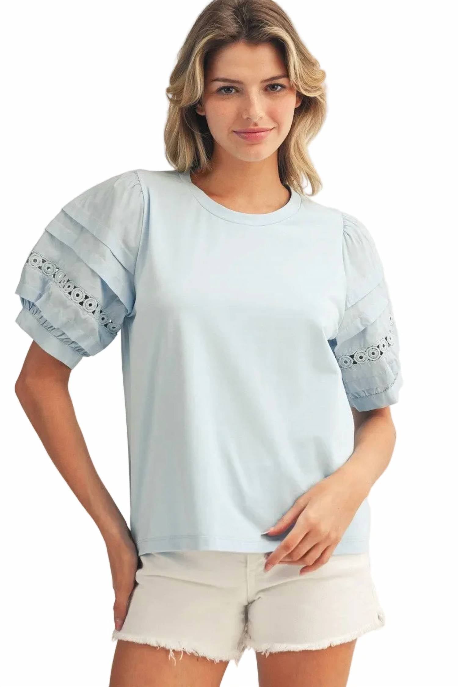 Jodifl - Lace Accent Puff Sleeves Solid Top