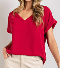 ee:some Cuffed Short Sleeve V-neck Top in wine - women's t-shirt