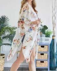 ADORA Chiffon Floral Print Three Fourth Sleeve Kimono in ivory and blue - women's cardigan - detail view