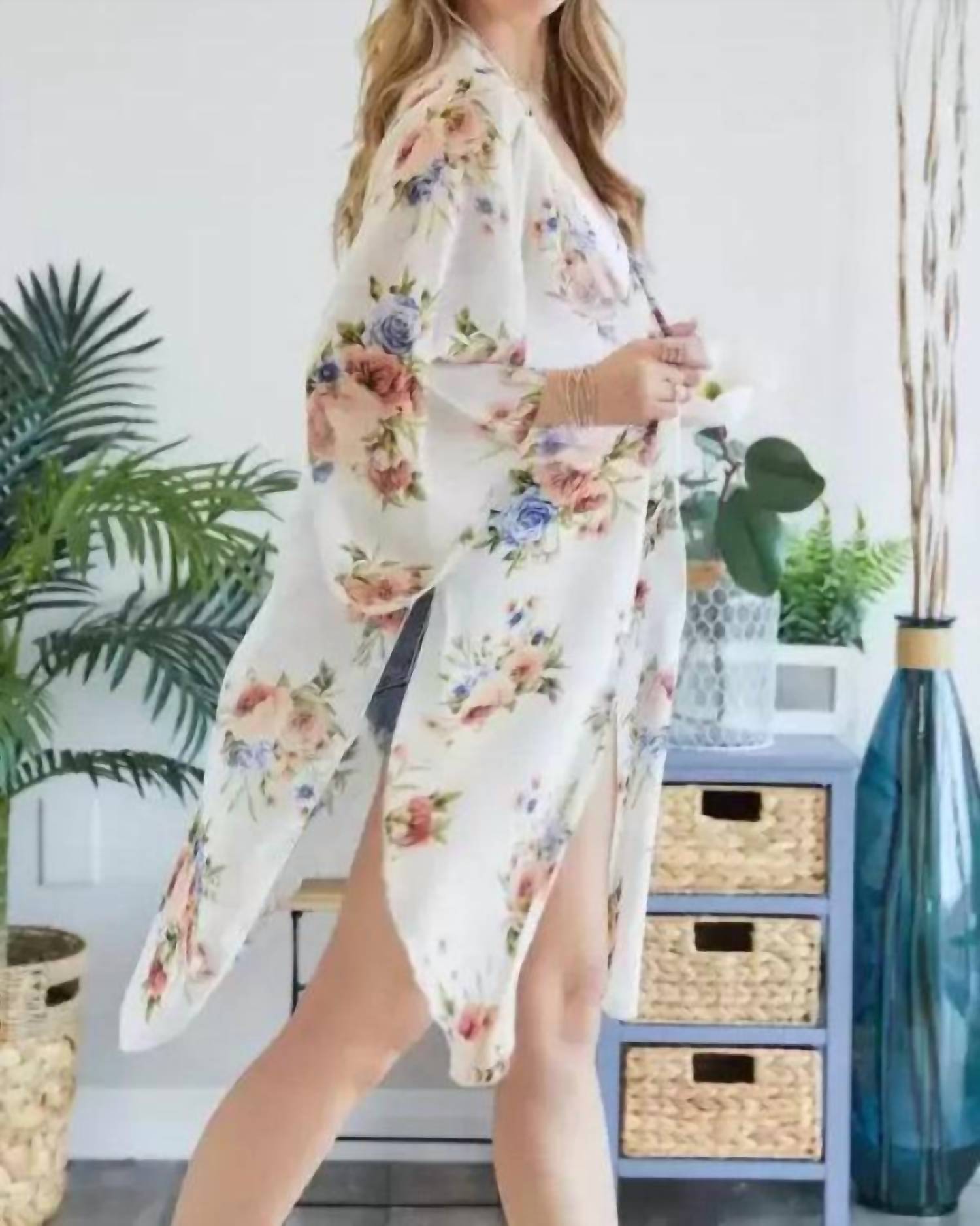 ADORA Chiffon Floral Print Three Fourth Sleeve Kimono in ivory and blue - women's cardigan - detail view