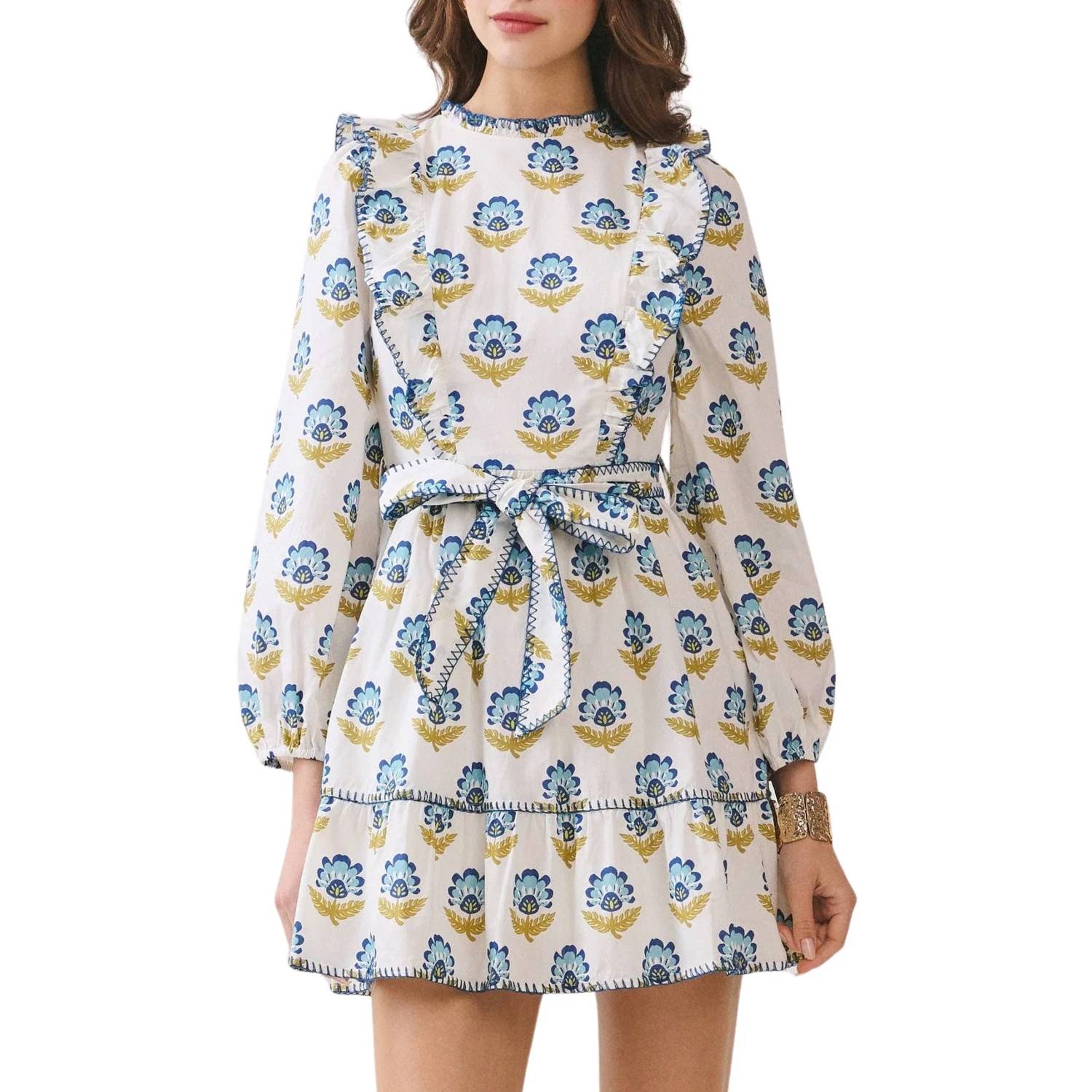 Tcec - Floral Print Ruffle Accents Self Tie Mini Dress