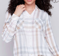 CHARLIE B Plaid Long Sleeve Button Shirt in pink quartz 1 - women's shirt - detail view