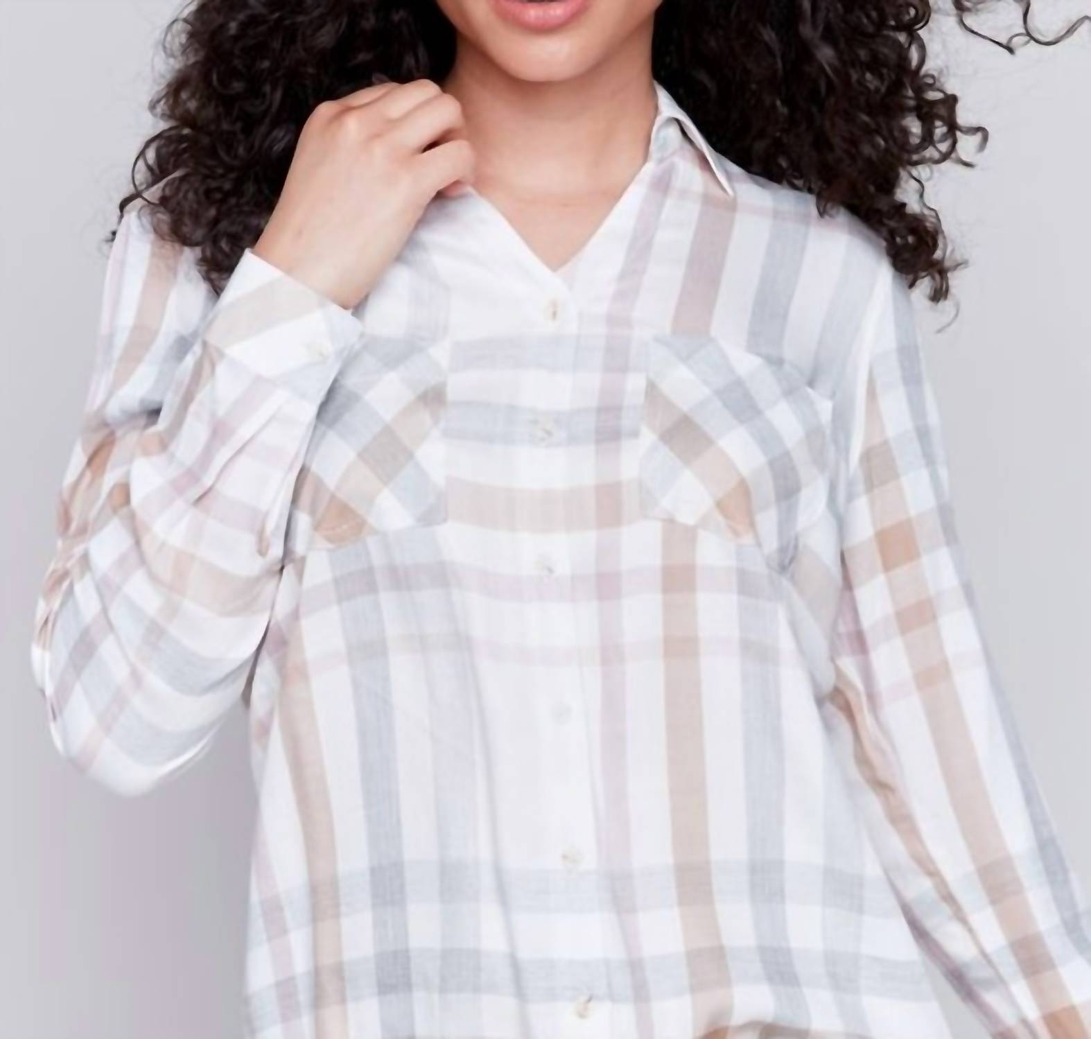 CHARLIE B Plaid Long Sleeve Button Shirt in pink quartz 1 - women's shirt - detail view