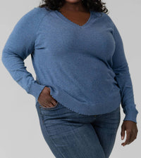 Minnie Rose - Cotton Cashmere Distressed Long Sleeve V-neck Tee - Plus