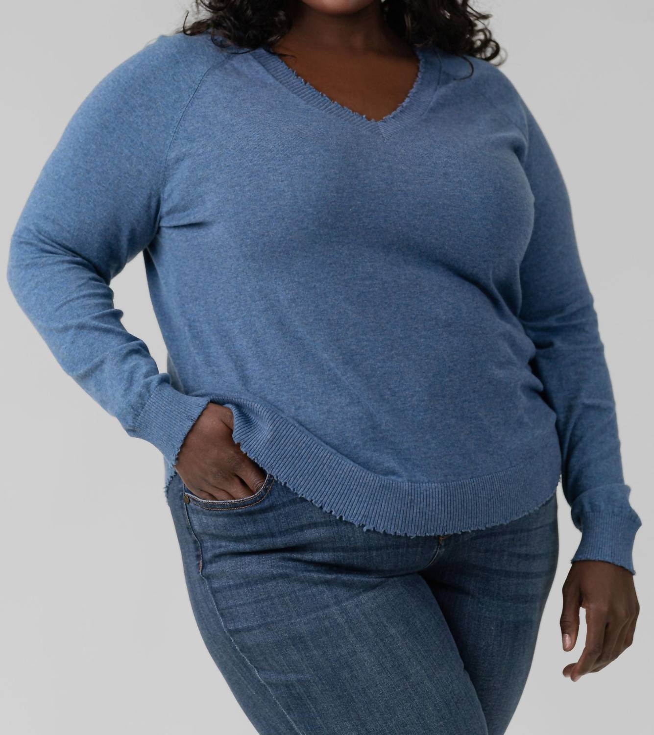Minnie Rose - Cotton Cashmere Distressed Long Sleeve V-neck Tee - Plus