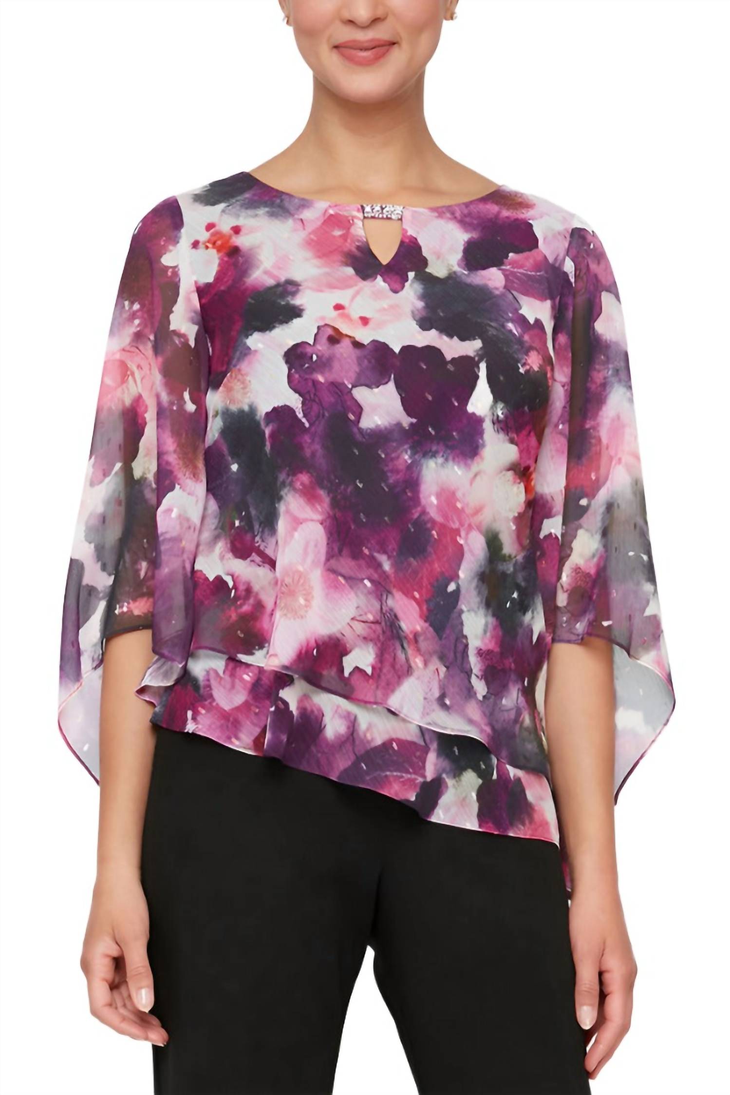 Alex Evenings - Printed Asymmetric Double Tier Hem Blouse