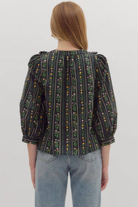 entro Bow Tied Floral Printed Top in black - women's blouse - detail view