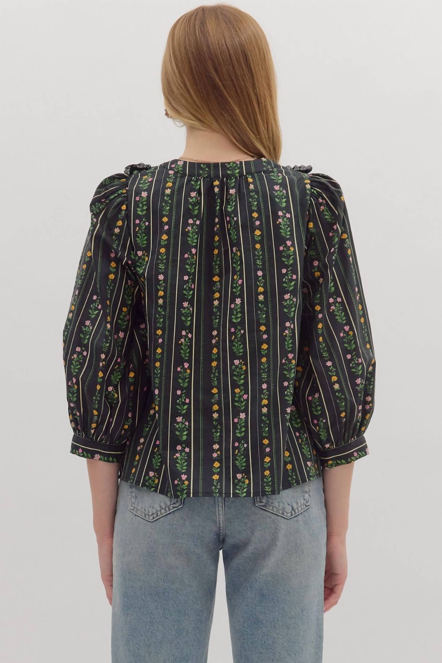 entro Bow Tied Floral Printed Top in black - women's blouse - detail view