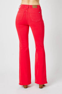 Judy Blue Waist Tummy Control Garment Flare Denim Jeans in dyed red - women's jeans - detail view