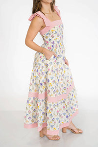 Unishe - Floral Print Striped Detail Knot Straps Maxi Dress
