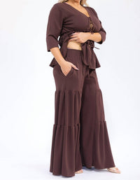 Karen T Design - Hollow Lace Up Top And Spliced Wide Leg Pants