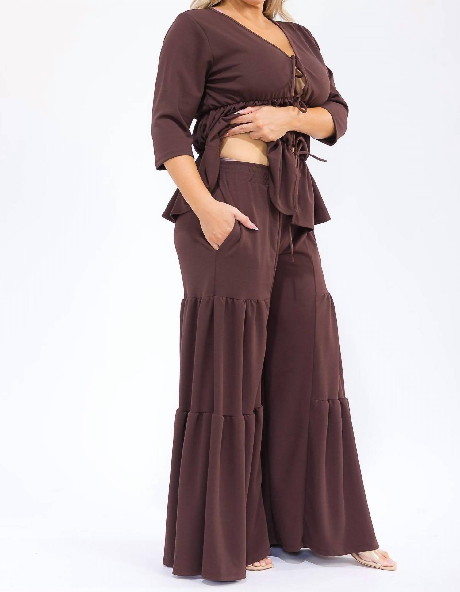 Karen T Design - Hollow Lace Up Top And Spliced Wide Leg Pants