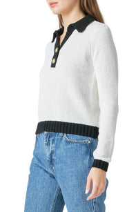 endless rose Johnny Collar Long Sleeve Polo Sweater in white black - women's jacket - detail view