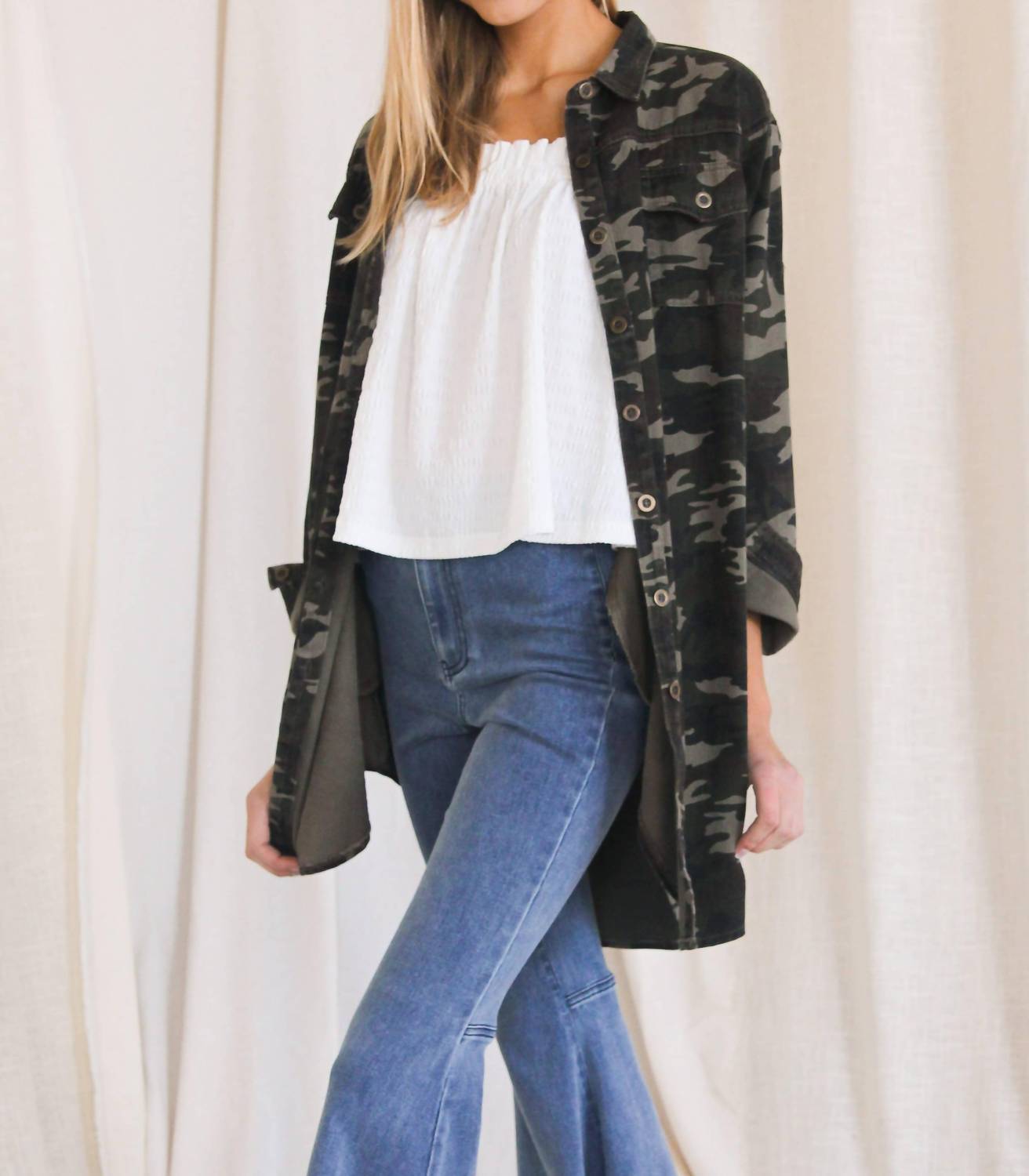 Before You - Camo Print Denim Over Shirt