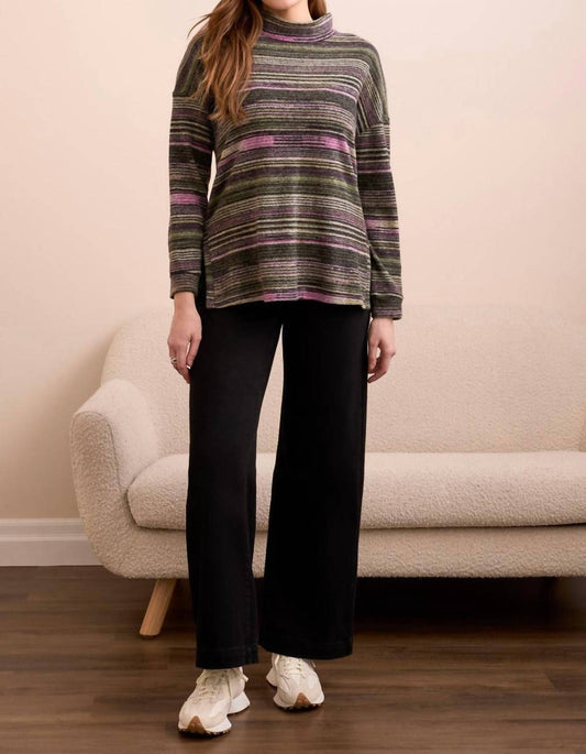 Tribal - Striped Mock Neck Top With Side Slits