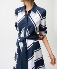 Joseph Ribkoff Cotton Stripe Print Fit and Flare Dress with Sash in navy white - women's dress - alternate view