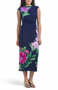 London Times - Flower Print Mock Neck Midi Dress