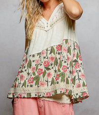 POL Floral V-neck Lace Trim Sleeveless Top in ivory - women's tank top - detail view