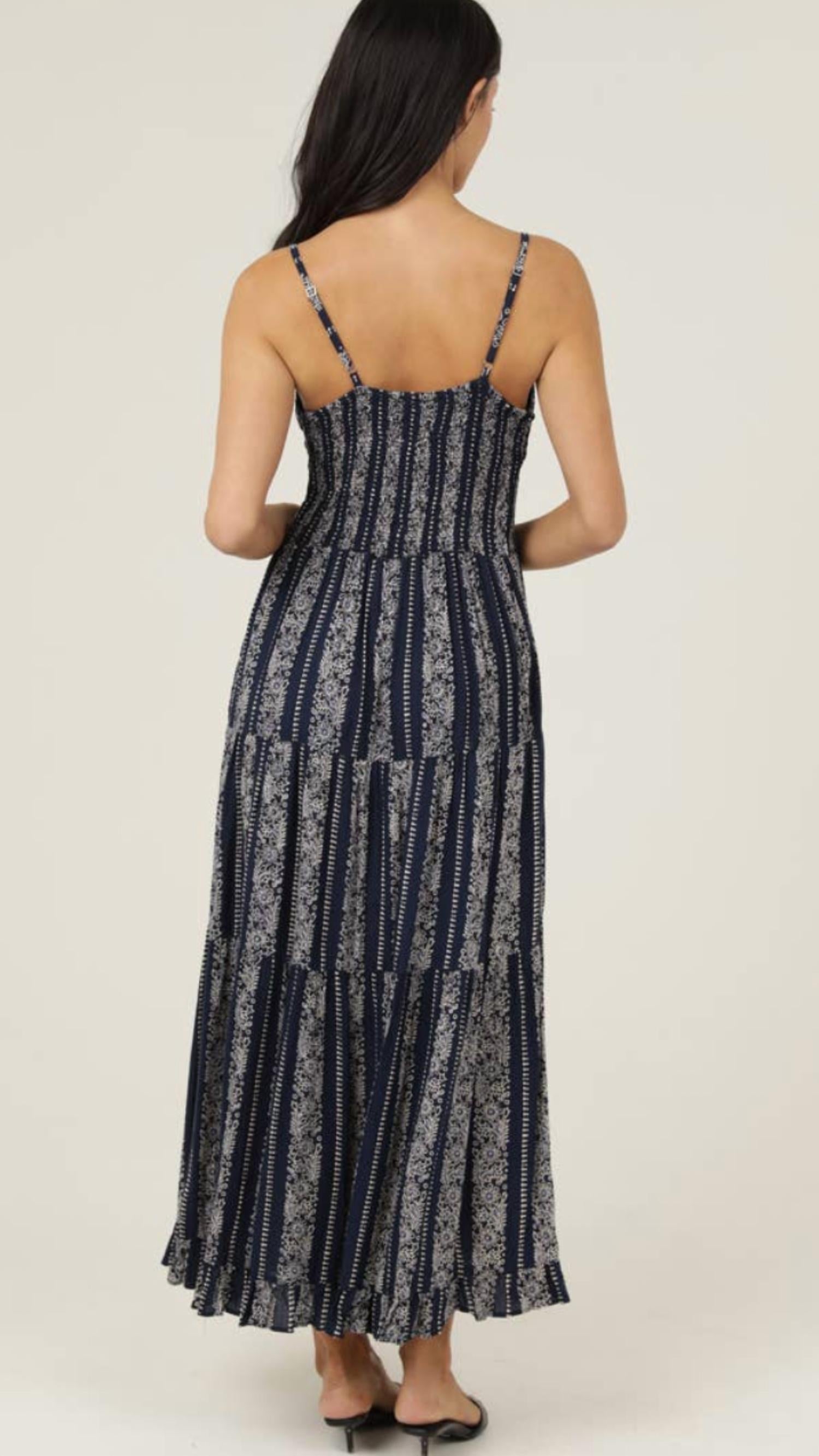 ANGIE Women's Scoop Neck Maxi Dress in navy grey - women's dress - detail view