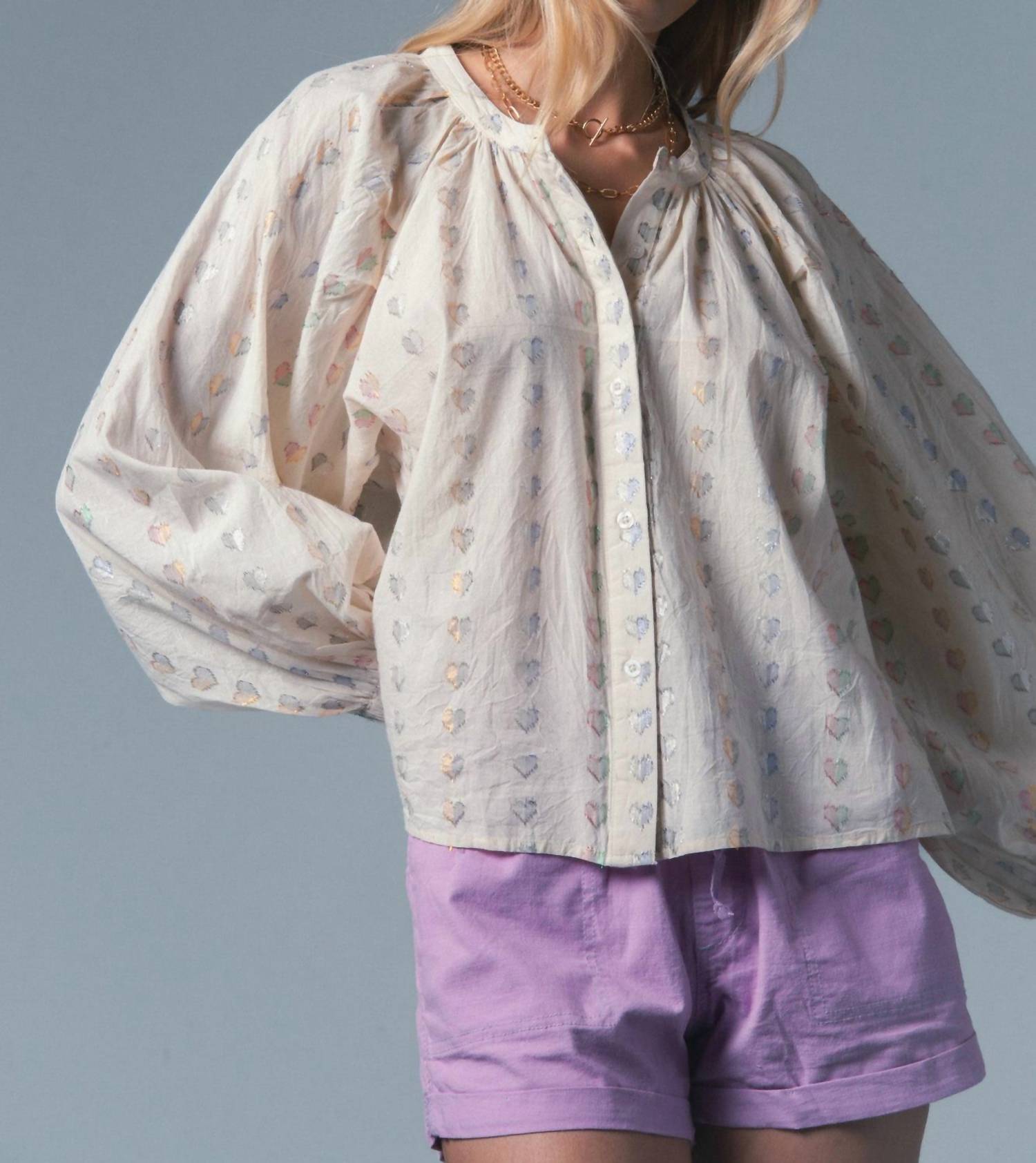 THE SHIRT Women's The Minka Shirt in lurex hearts - women's blouse - detail view