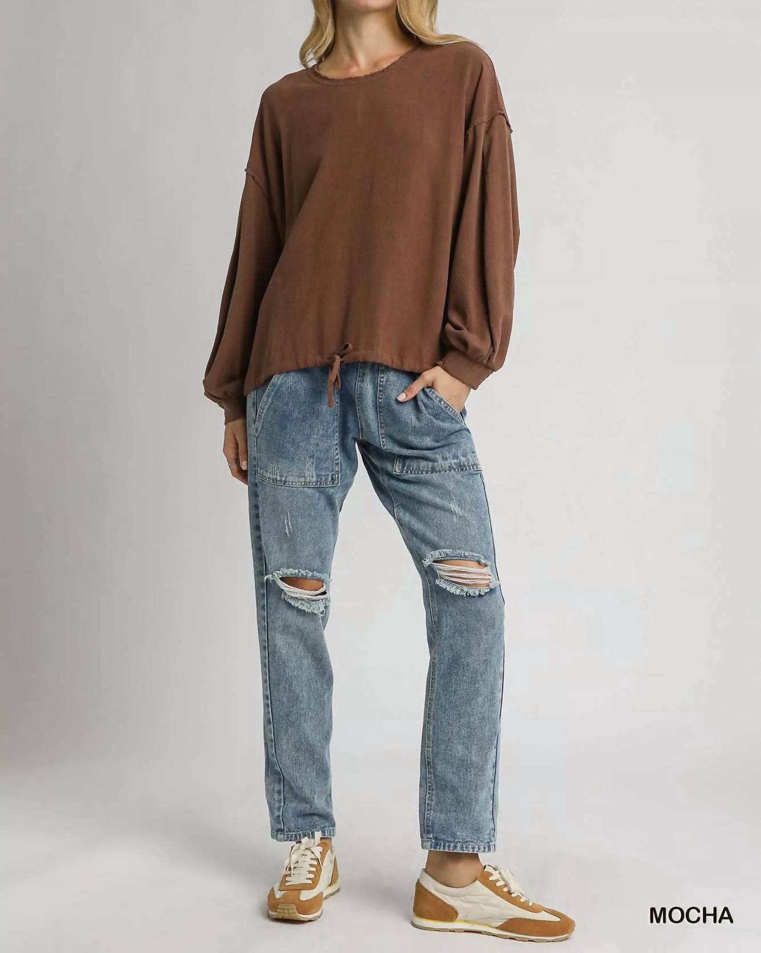 umgee Linen Long Sleeve Top With Drawstring in mocha - women's long sleeve top - view 4