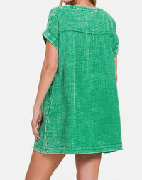 Zenana - Washed Notched Short Sleeve Mini Dress