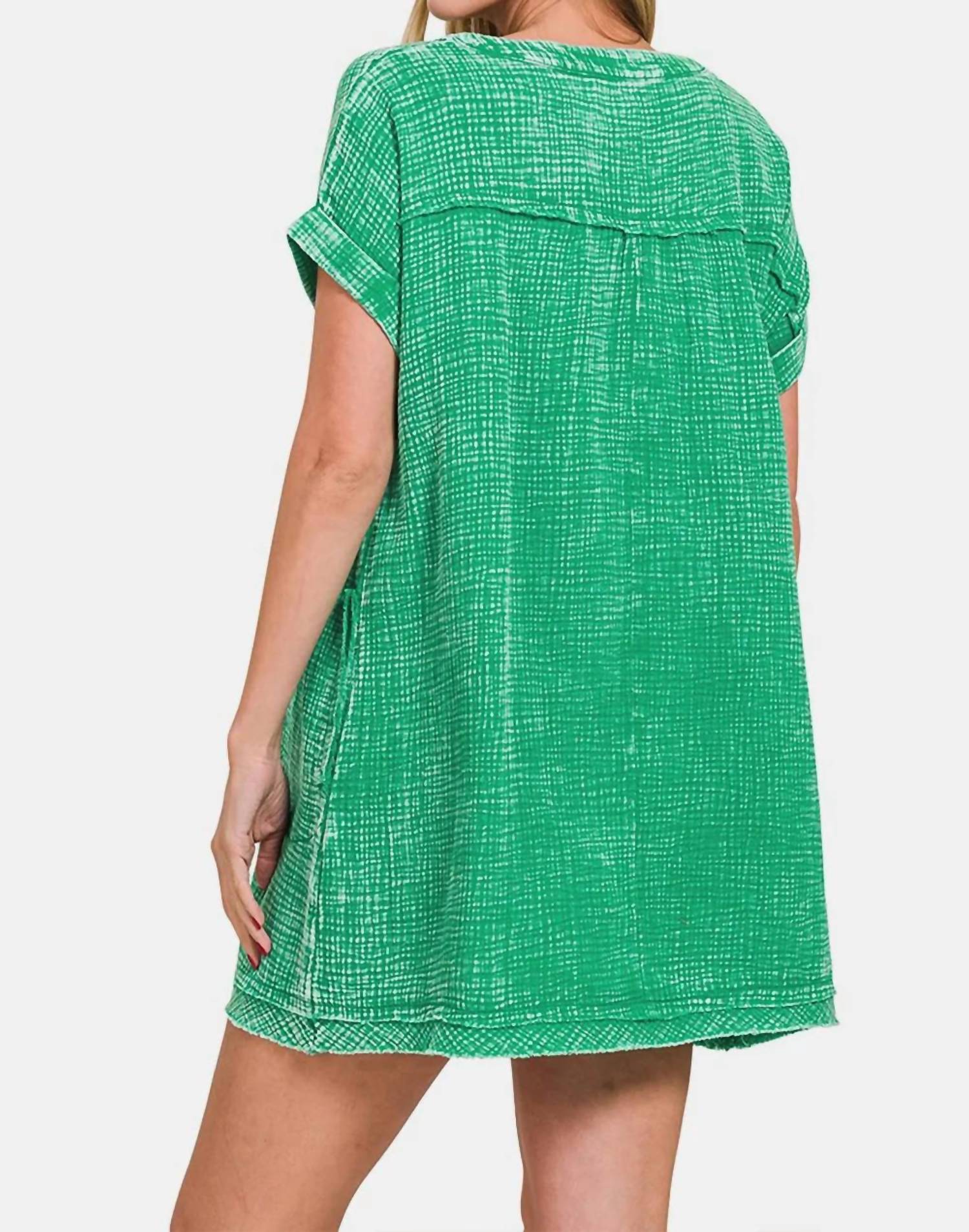 Zenana - Washed Notched Short Sleeve Mini Dress