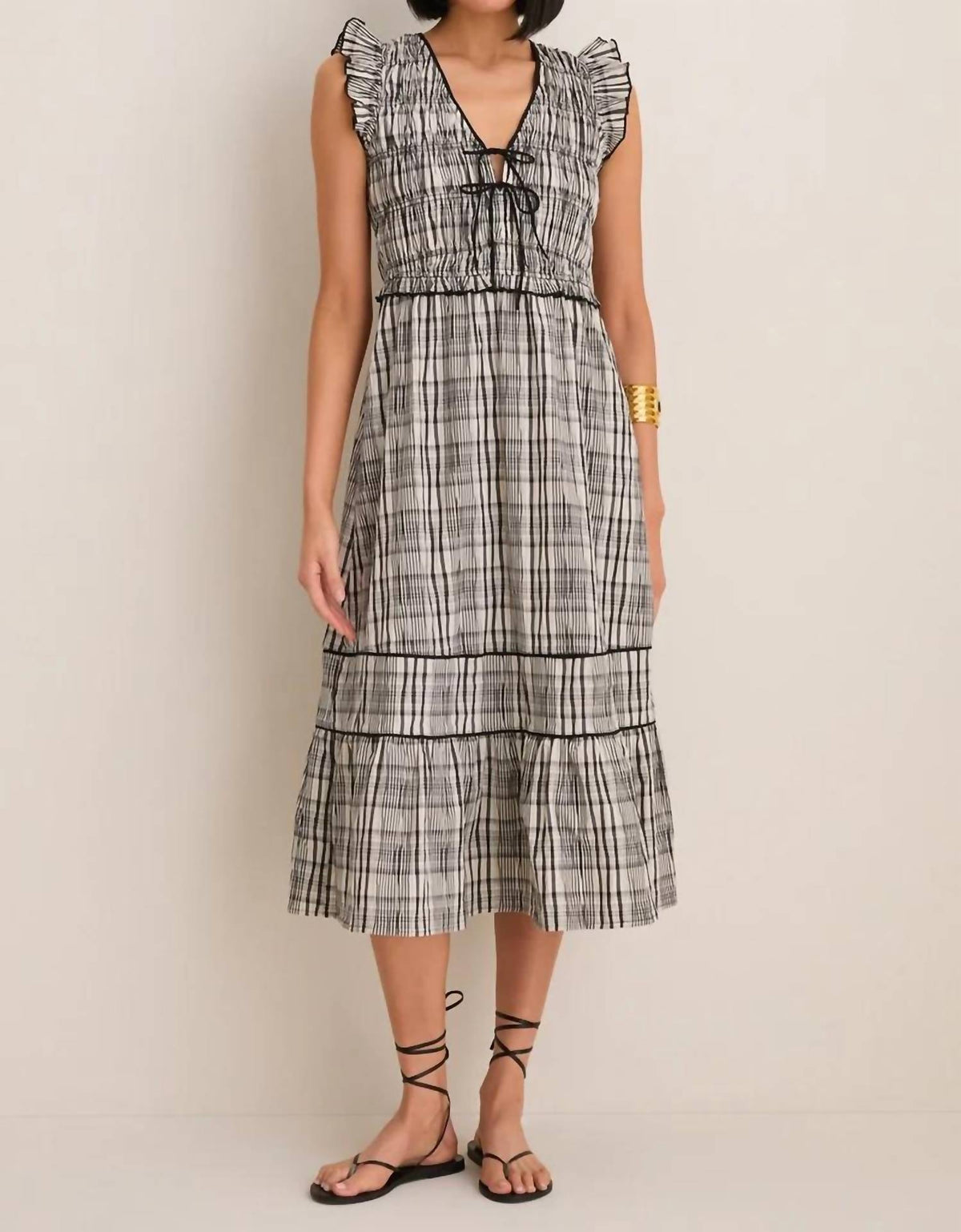 Greylin - Lacey Smocked Tie Front Midi Dress
