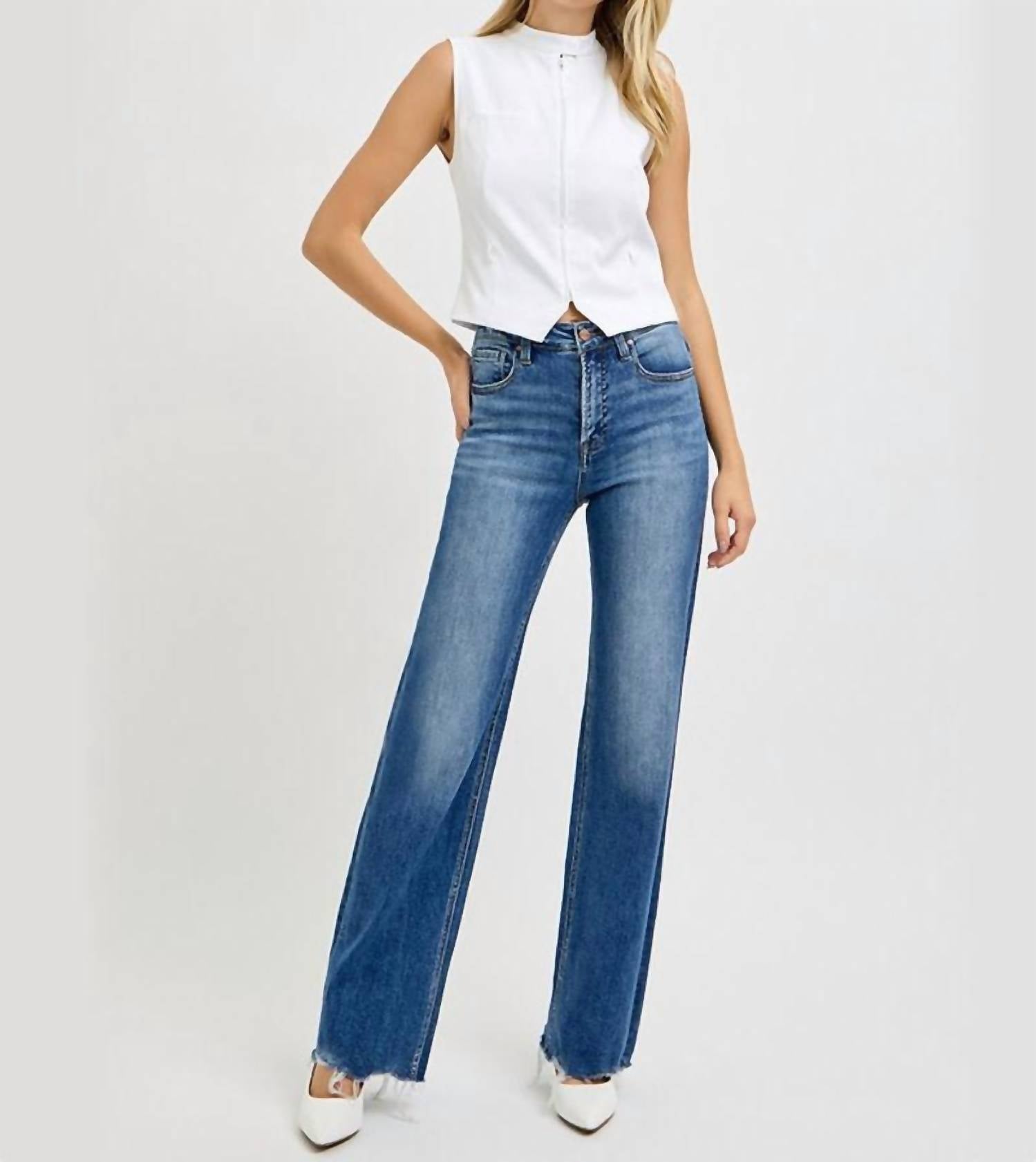 Risen - Tina Tummy Control High Rise Wide Leg Raw Cut Hem Jeans