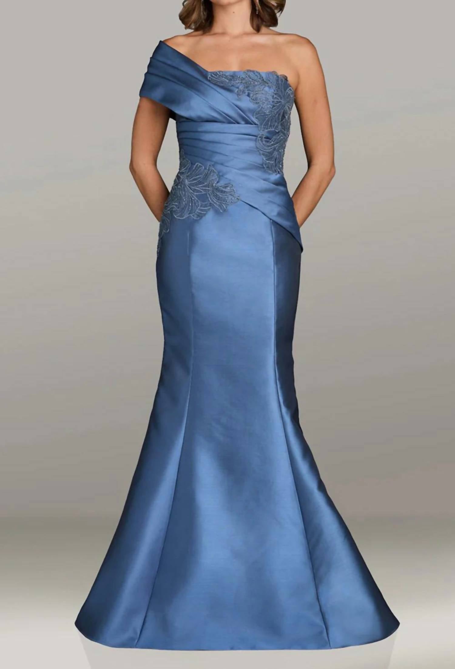 Gia Franco - One Shoulder Pleat With Embrodered Bodice Evening Gown