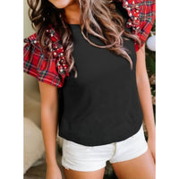 1 The Woman - Plaid Pearl-embellished Ruffle Sleeves Top