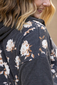 Michelle Mae - Ramona Ribbed Floral Zip Up Hooded Bomber Jacket