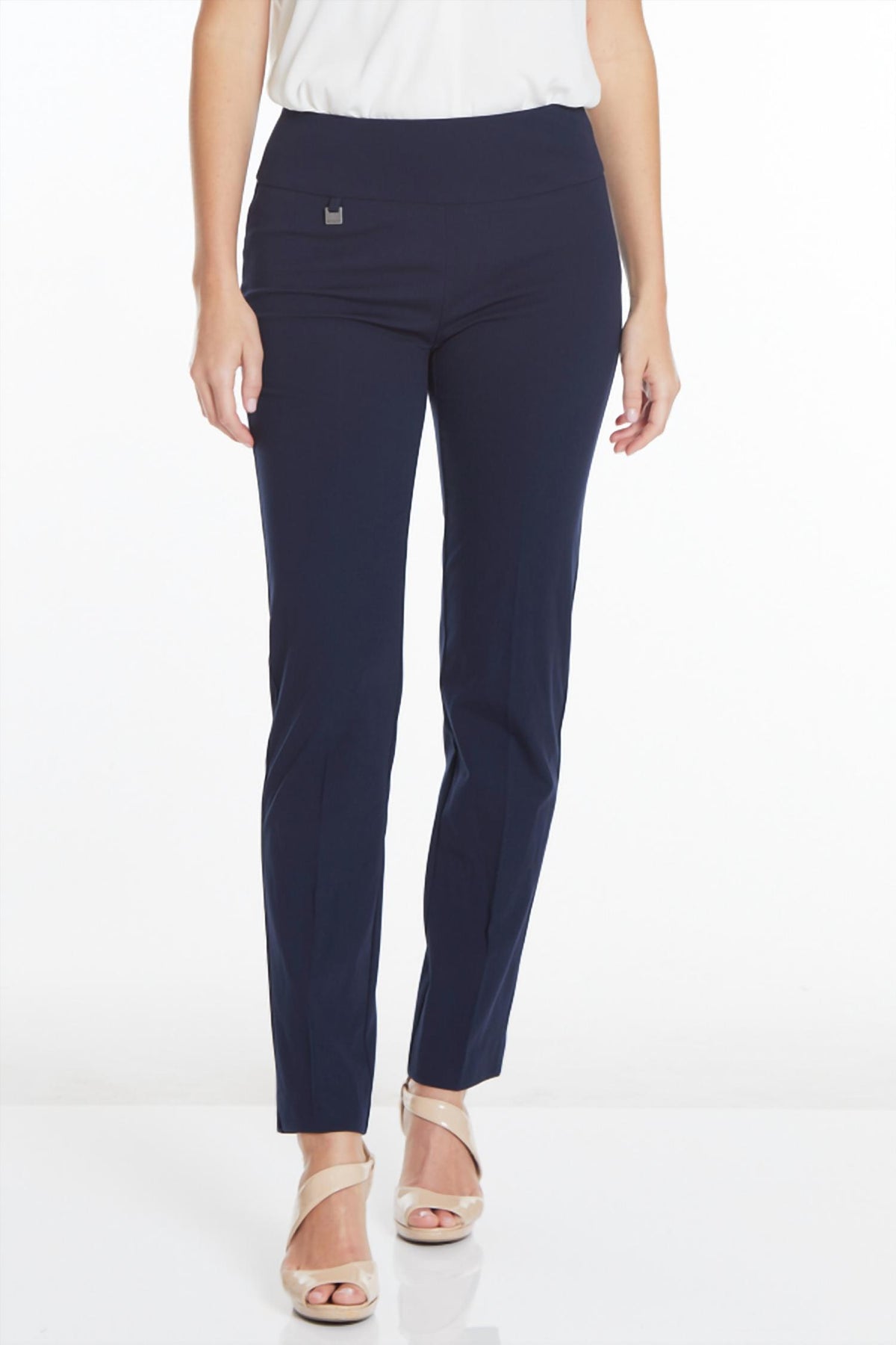 Slimsation By Multiples Wide Band Elastic Waist Ankle Pants in midnight blue - women's pants - detail view
