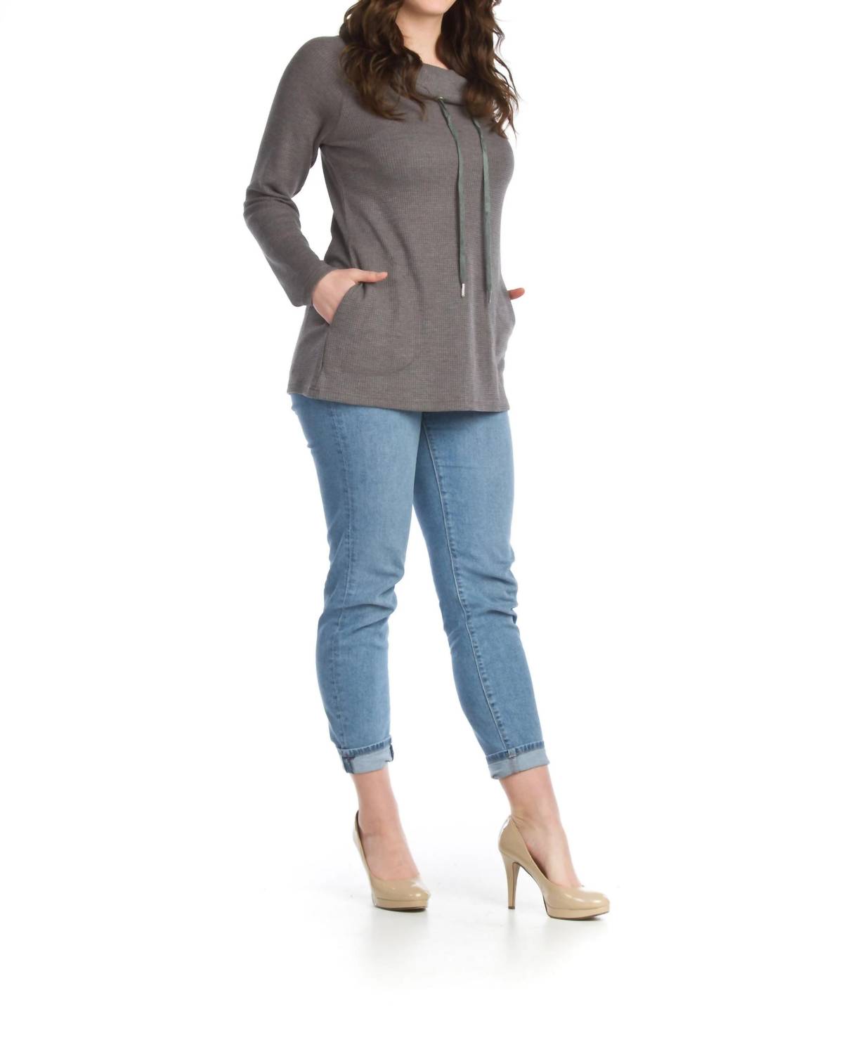 Papillon - Waffle Knit Cowl Neck Tunic With Pockets