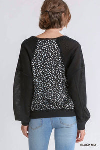 Umgee - Animal Knit Woven Print Long Sleeve Top