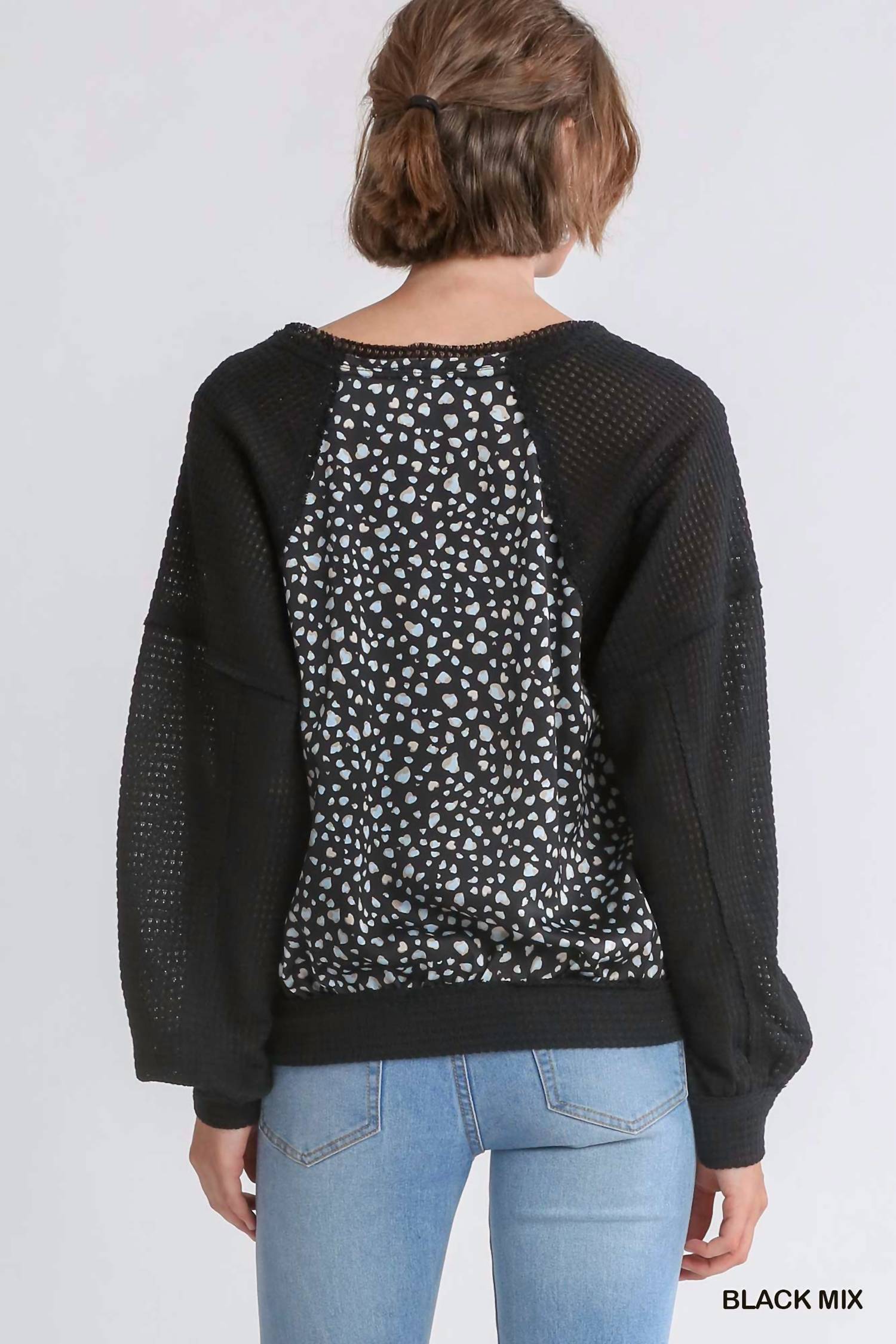 Umgee - Animal Knit Woven Print Long Sleeve Top