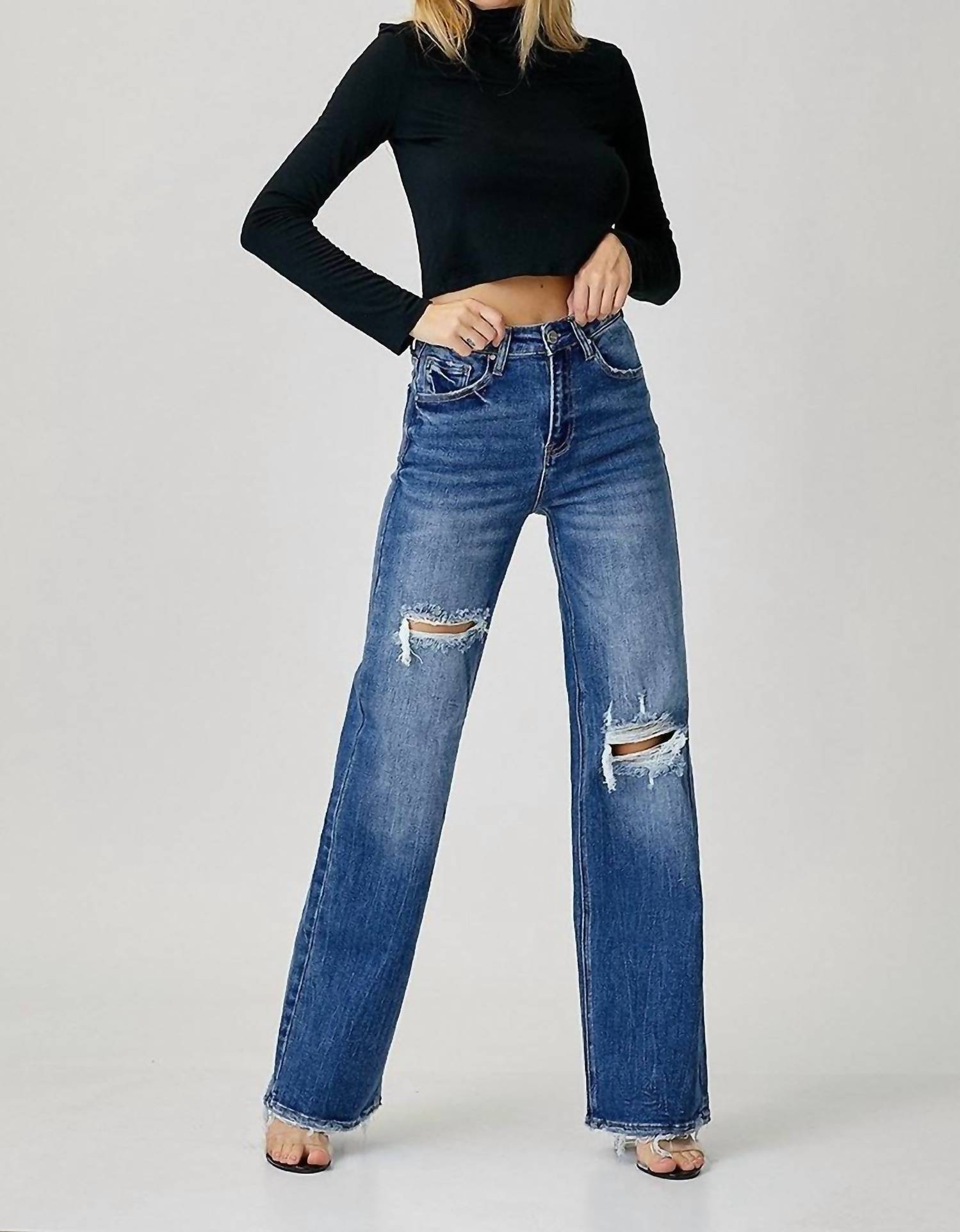 RISEN High Rise Ripped Wide Leg Jeans in blue - women's jeans