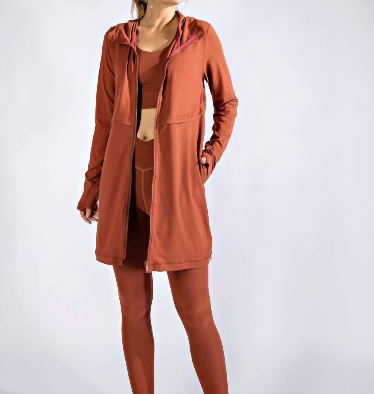 RAE MODE Long Hooded Active Jacket - Plus Size in dark terracotta - women's jacket