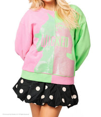 QUEEN OF SPARKLES Licensed Colorblock Character Profile Sweatshirt in green pink - women's top