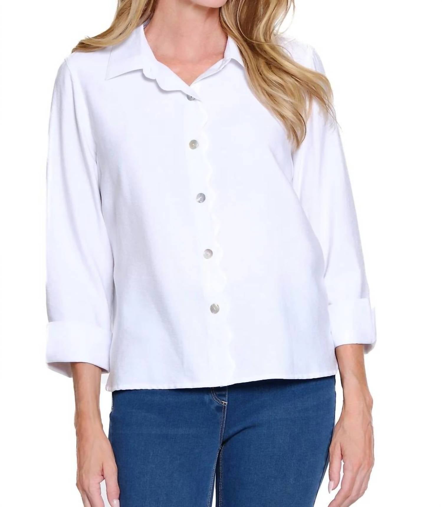 Multiples - 3/4 Sleeve Scallop Button Front Shirt